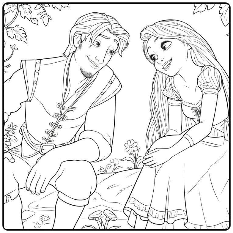 Rapunzel Princess and Prince Smiling on Rock coloring page