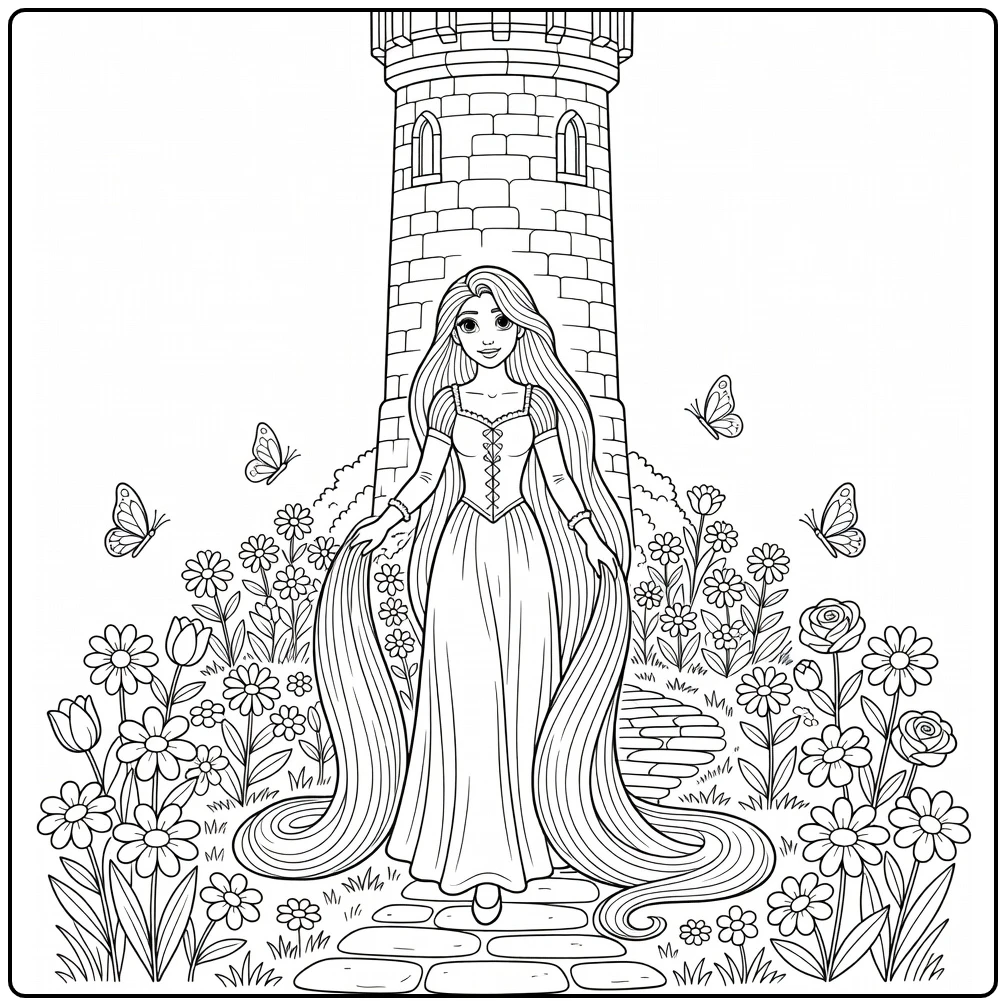 Rapunzel with Long Her in Flower Garden coloring page