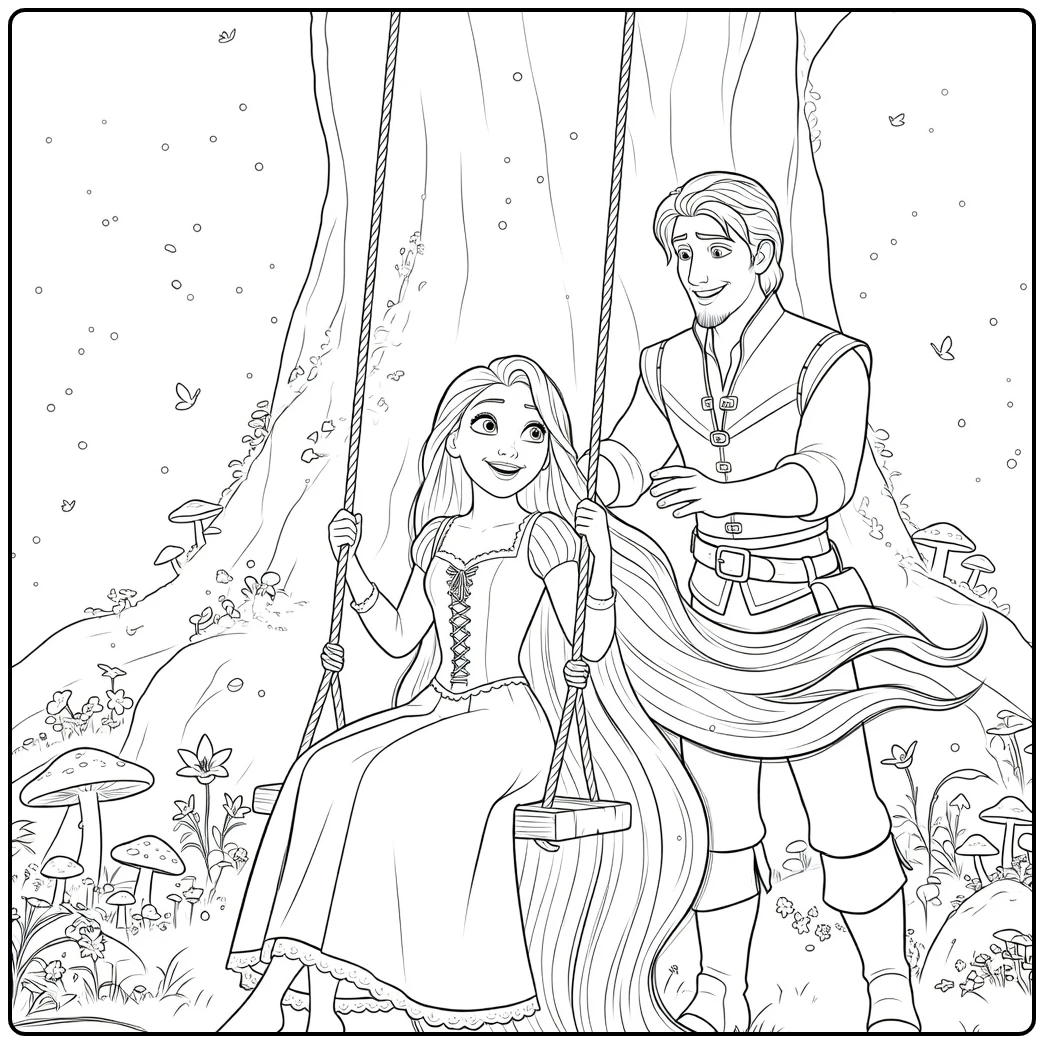 Rapunzel Swinging in Magical Forest coloring page