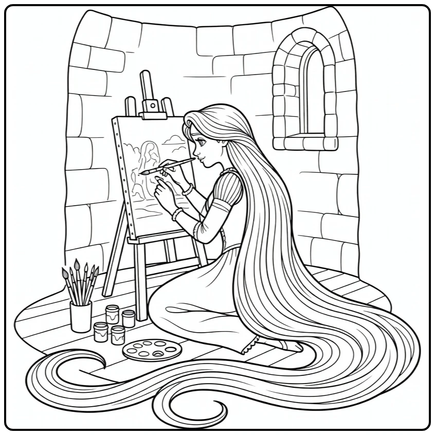 Rapunzel Painting in Tower Room with Her coloring page