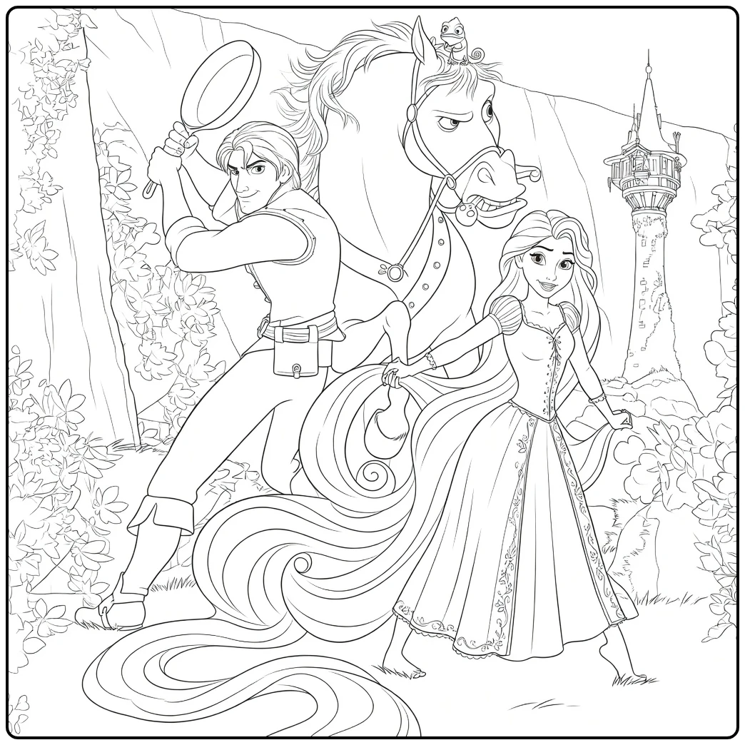 Rapunzel Woman Long Her and Horse coloring page