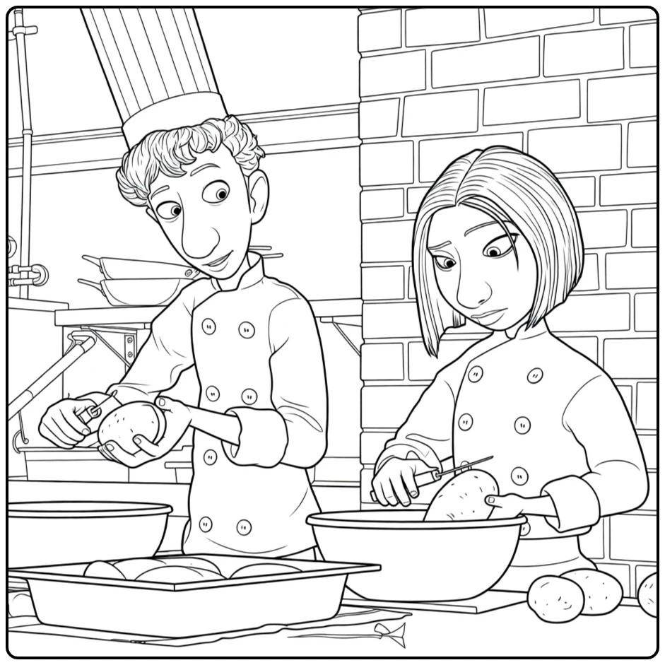 Ratatouille coloring page with cooks and potatoes