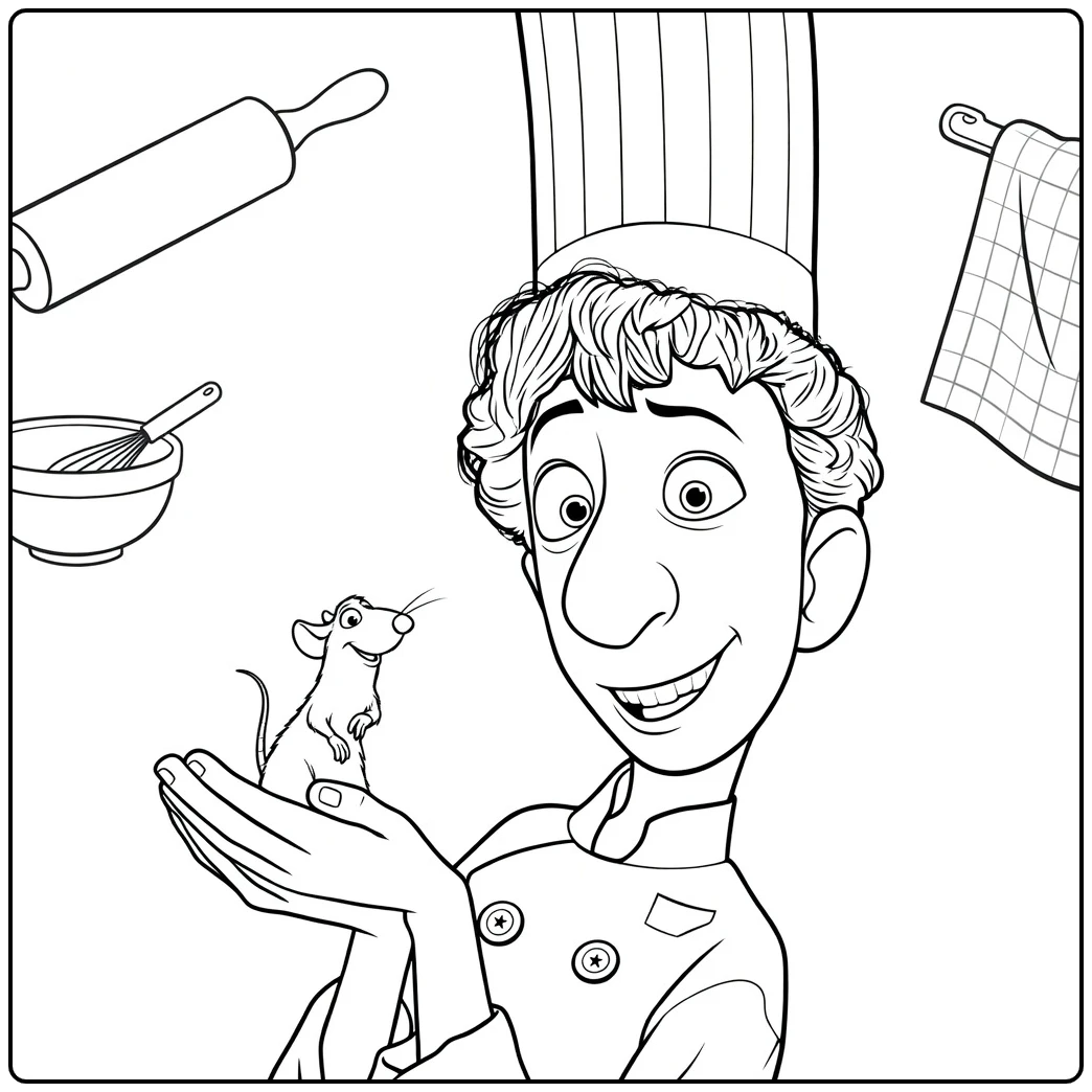 ratatouille coloring page of happy kok with muis on hand