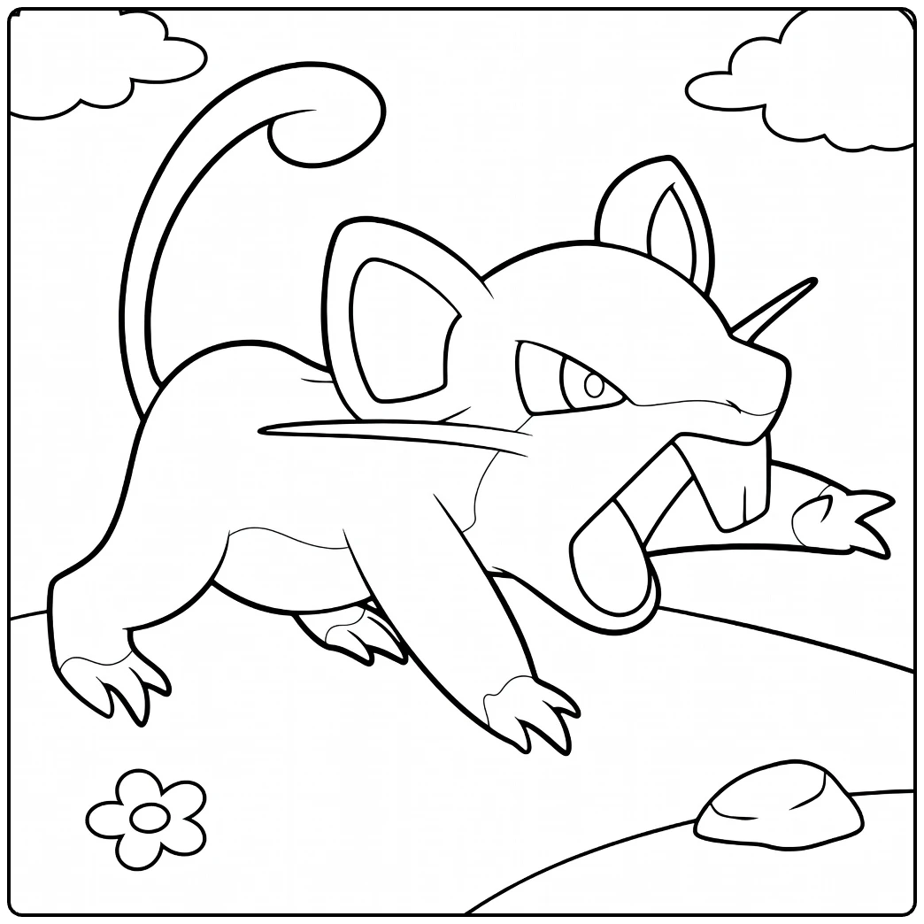 rattata Angry Rattata with Clouds and Flower coloring page