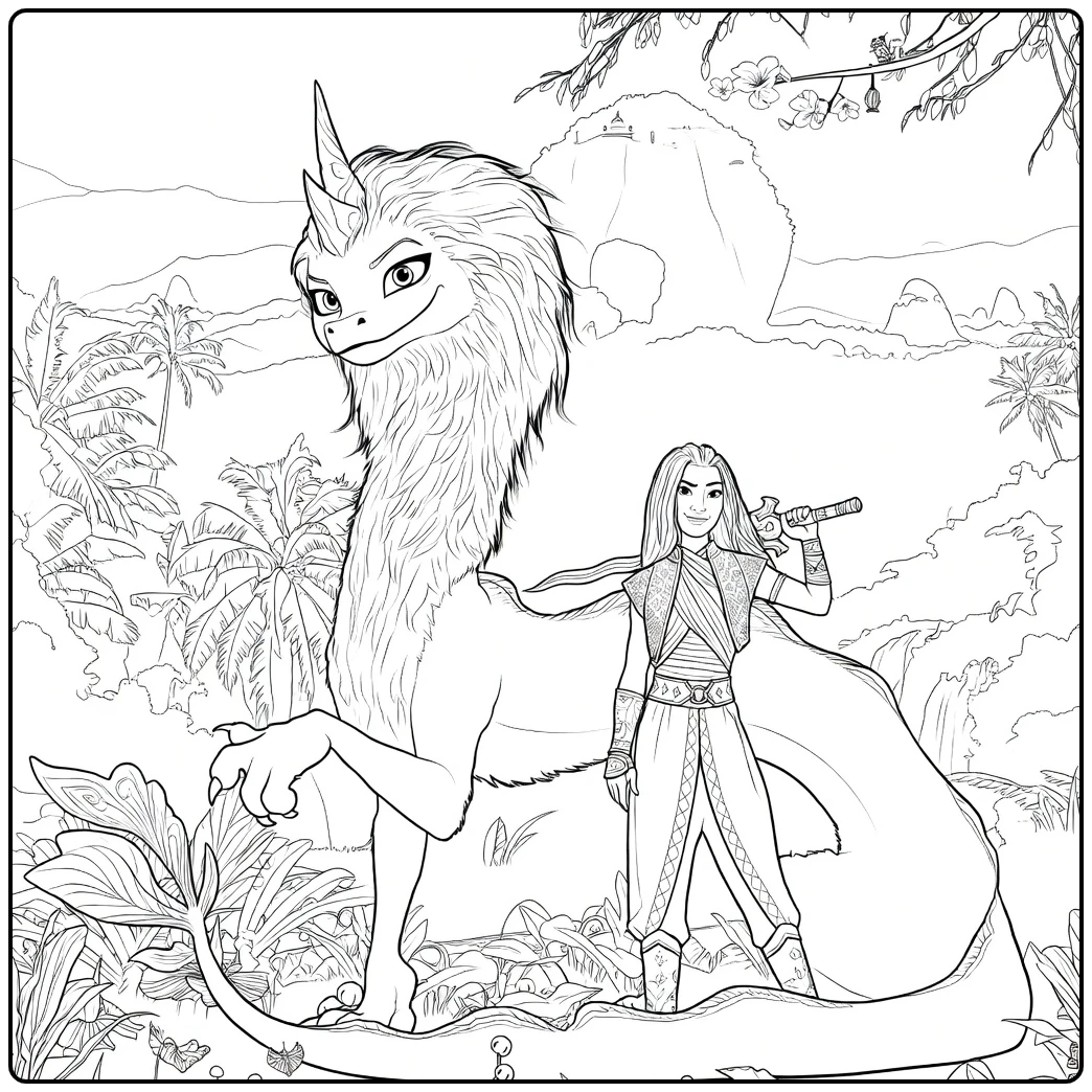 raya Raya with Dragon Sisu in Exotisch Landscape coloring page