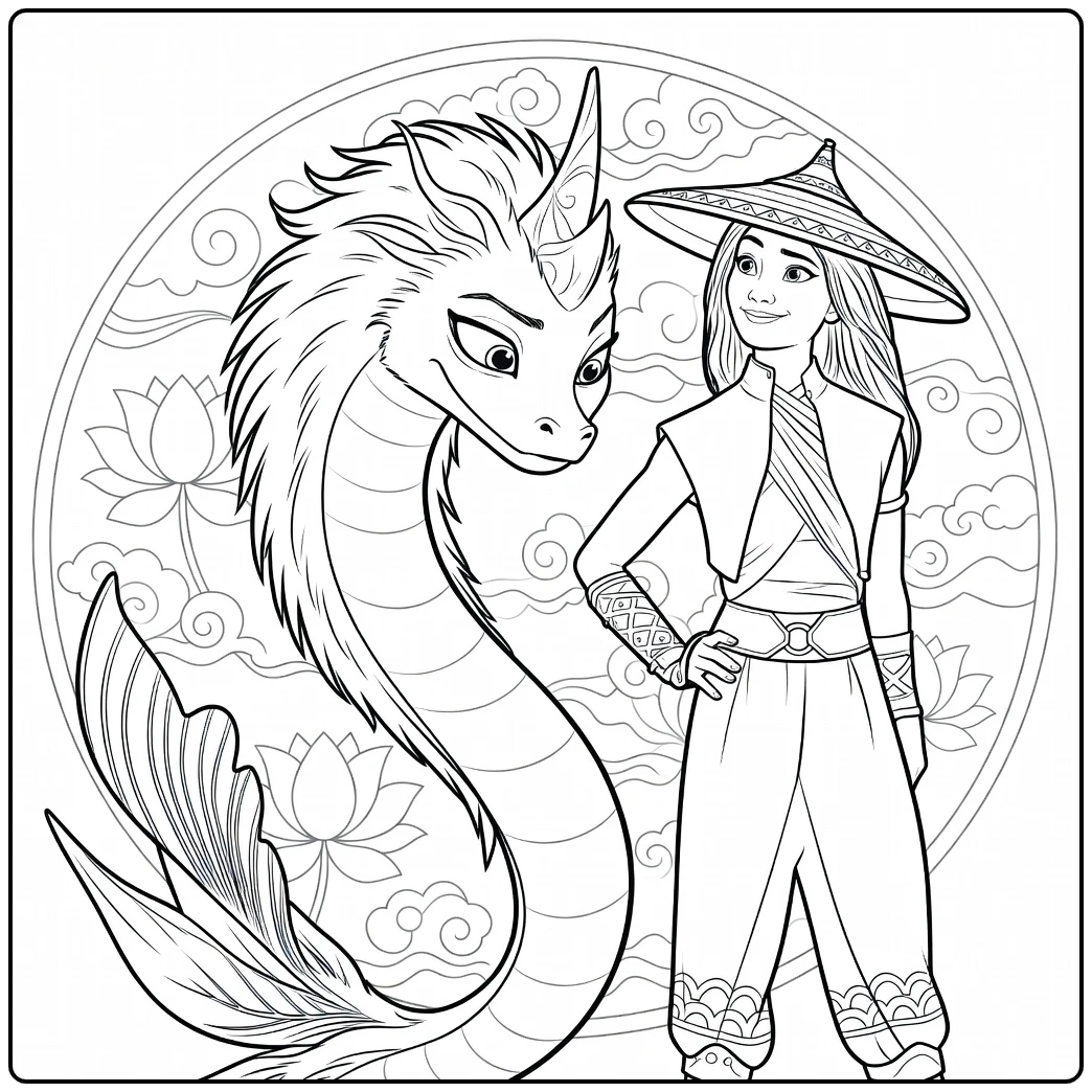 Raya coloring page with Raya and Sisu by lotus flowers