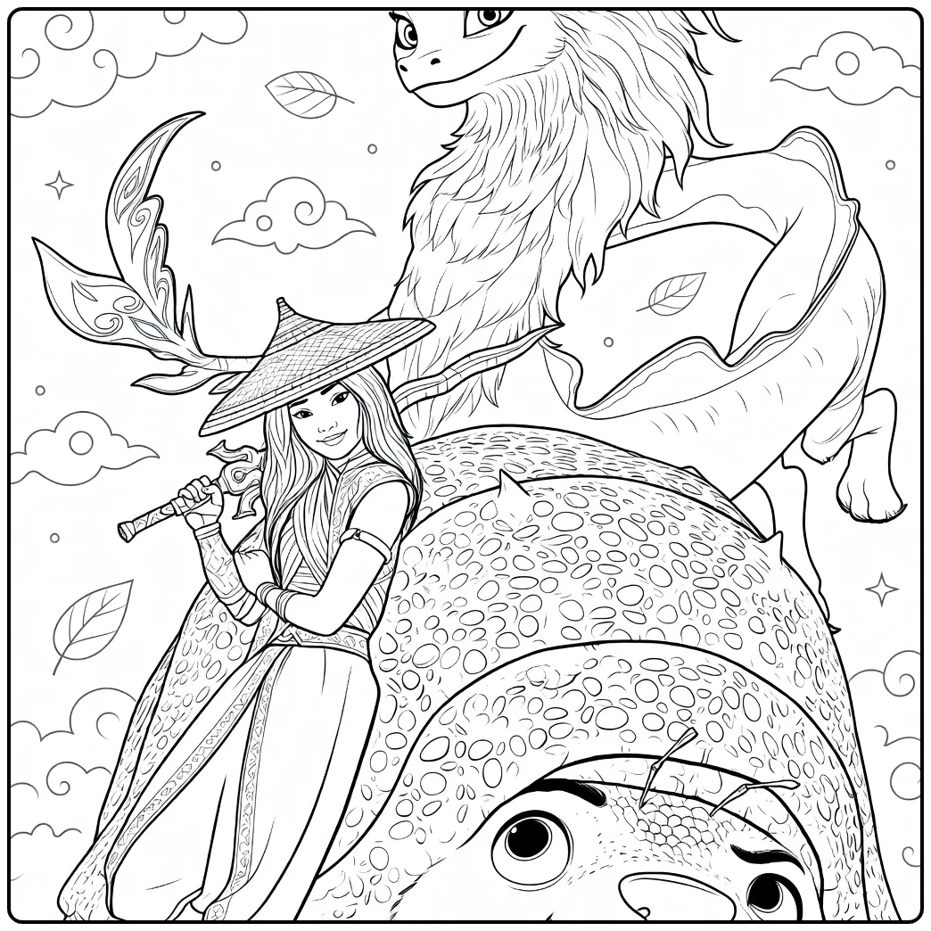 raya coloring page raya on tuk tuk with dragon sisu