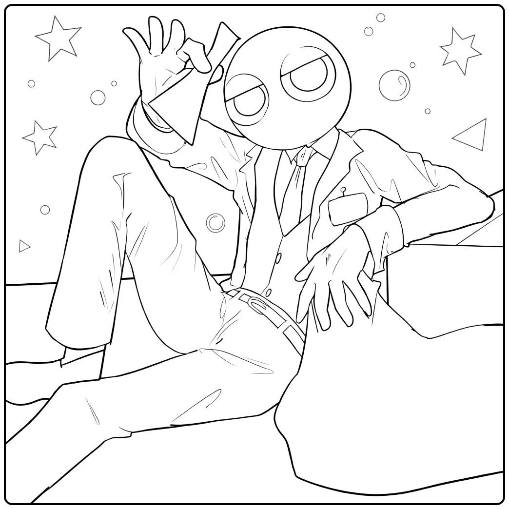Red Rainbow Friends coloring page featuring a relaxed cartoon character in a suit