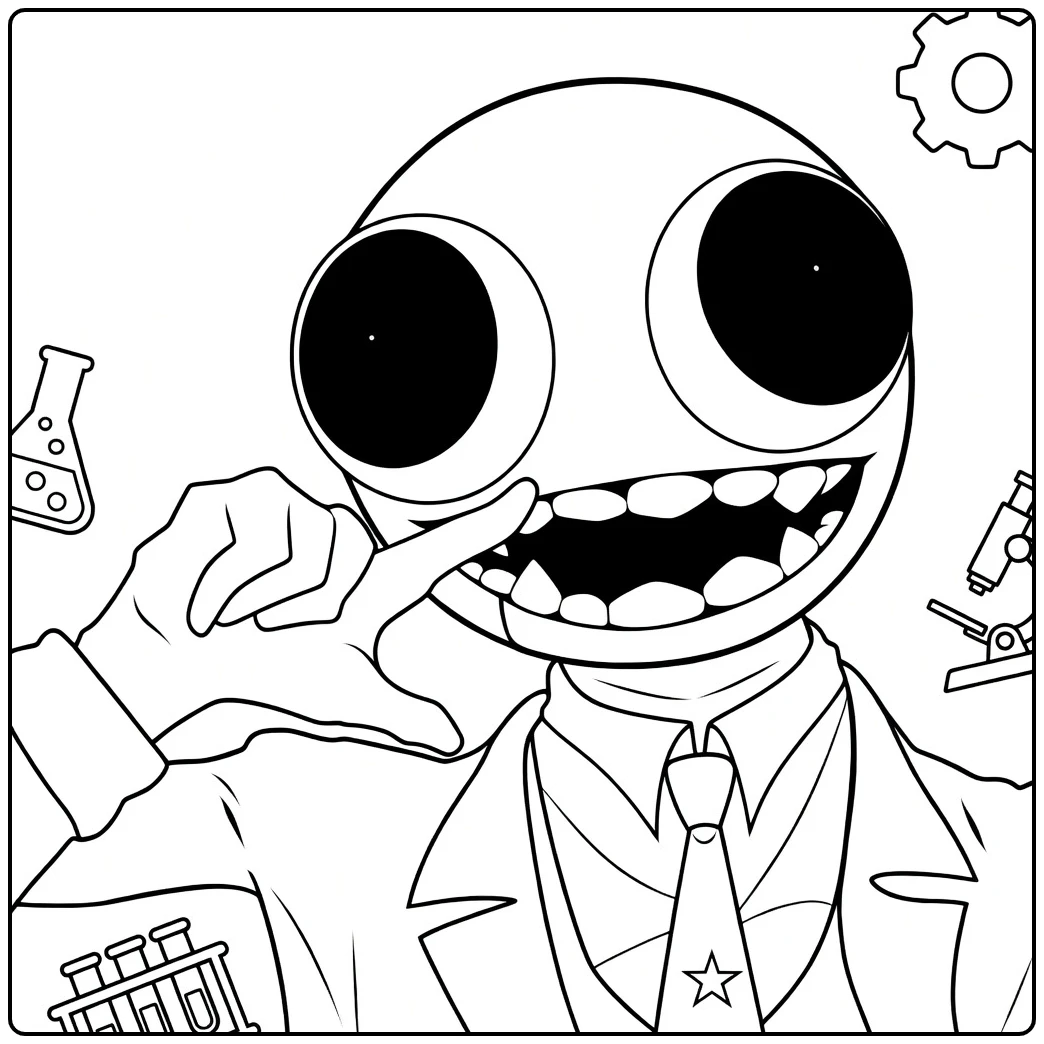 Red Rainbow Friends coloring page featuring a scientist with big eyes and lab equipment