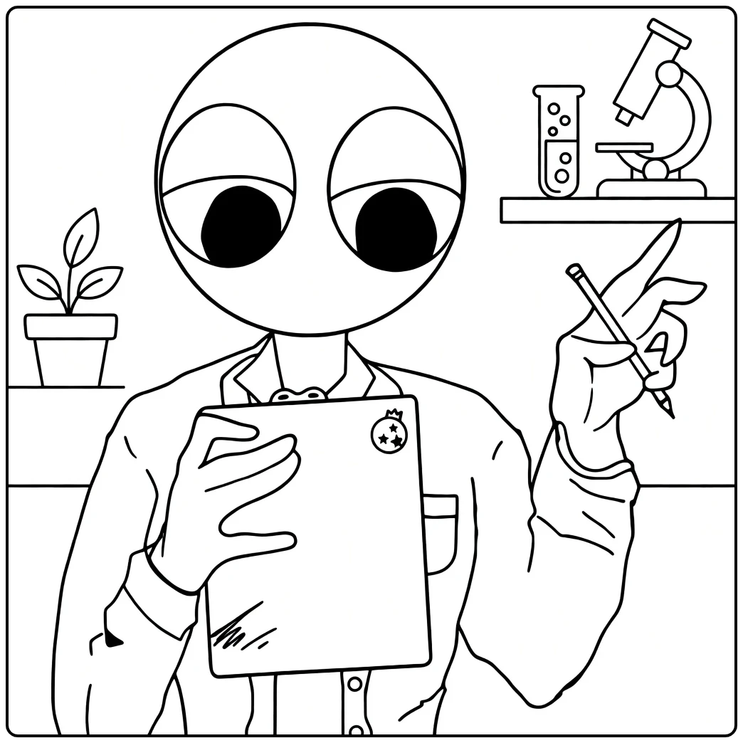 Red Rainbow Friends coloring page showing an alien scientist with a clipboard