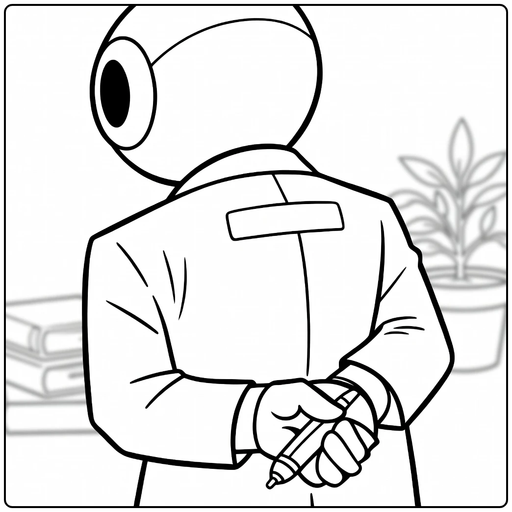 Red Rainbow Friends coloring page showing Red from behind near books