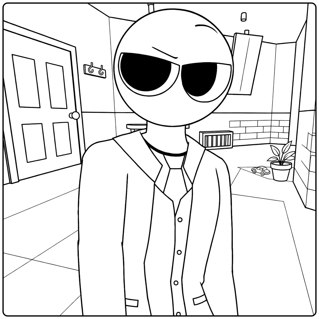 Red Rainbow Friends coloring page showing Red in a suit inside a hallway