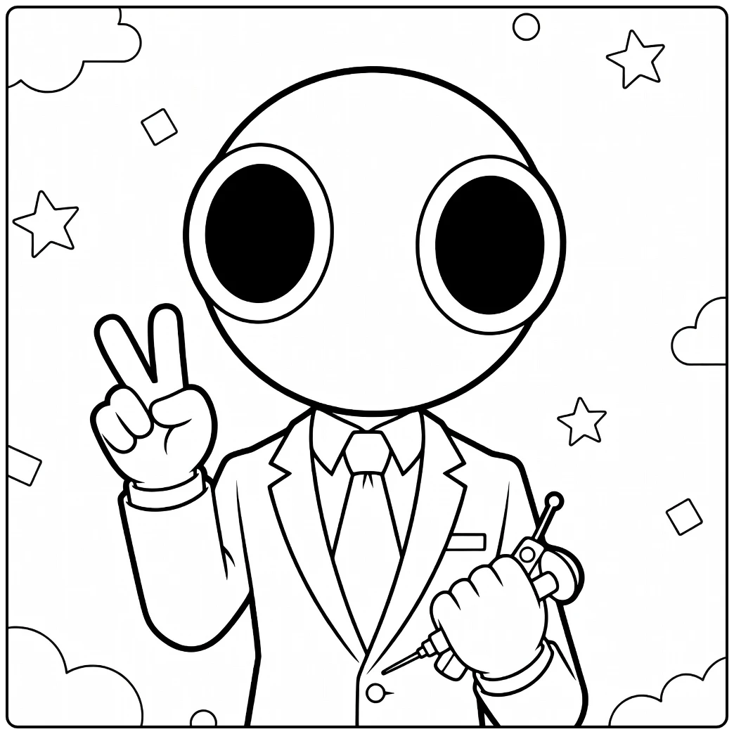 Red Rainbow Friends coloring page showing Red in a suit with large eyes and stars