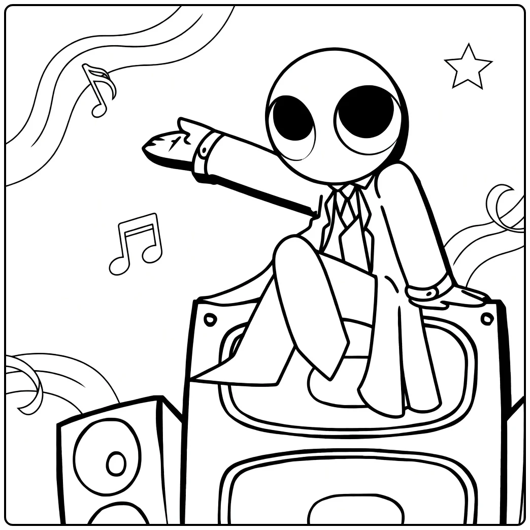 Red Rainbow Friends coloring page featuring Red dancing on a speaker with music notes