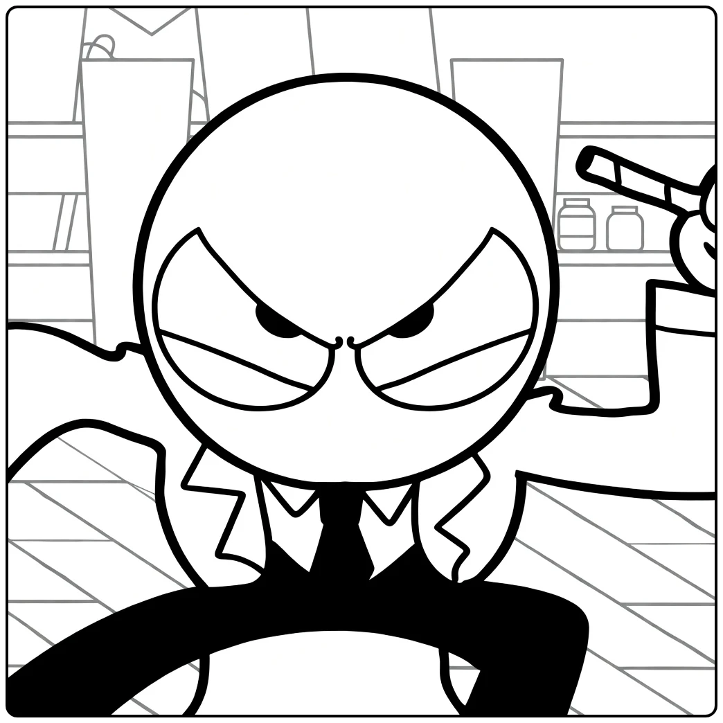 Red Rainbow Friends coloring page showing an intense close-up with bottles and shelves