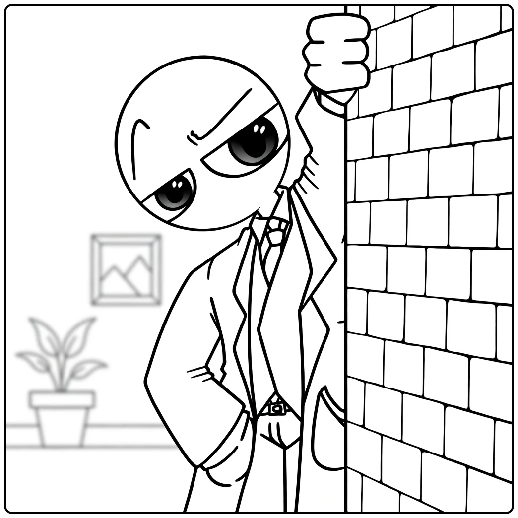 Red Rainbow Friends coloring page showing Red peeking behind a wall