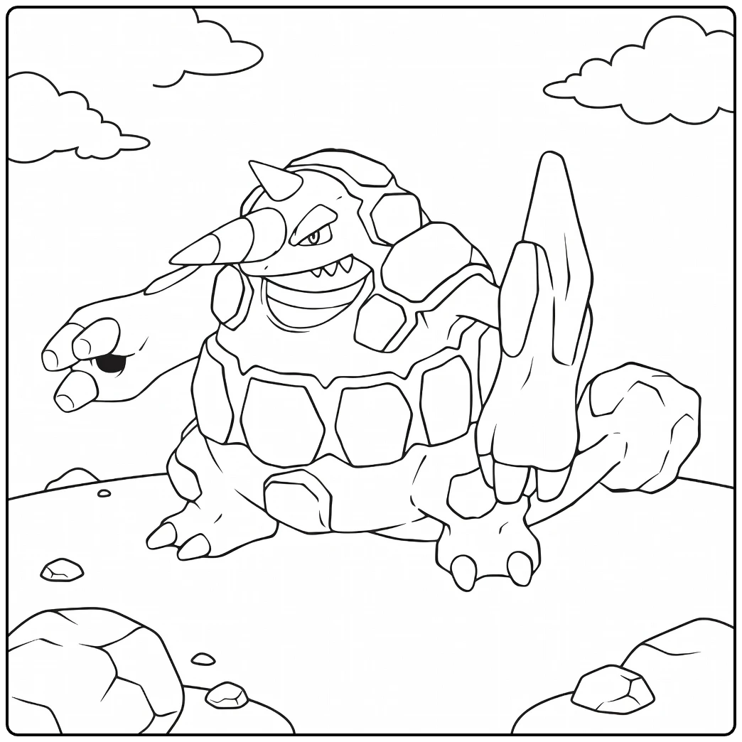 Rhyperior in Rocky Landscape with Clouds coloring page