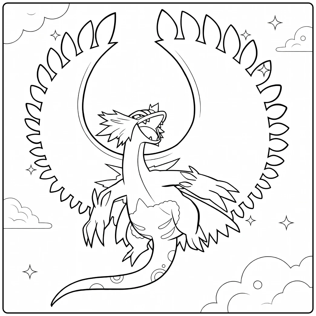 roaring moon coloring page with clouds and stars