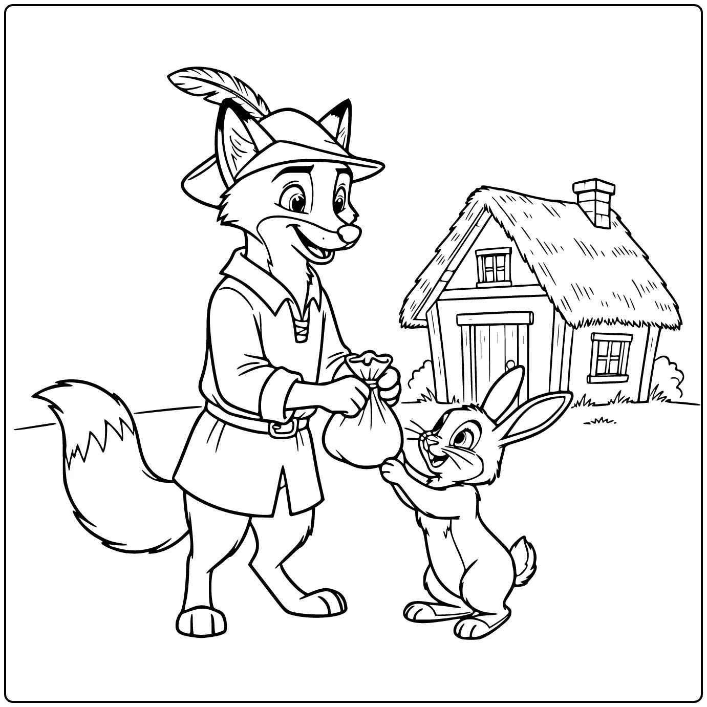 Robin Hood coloring page with a friendly fox hero in Disney style