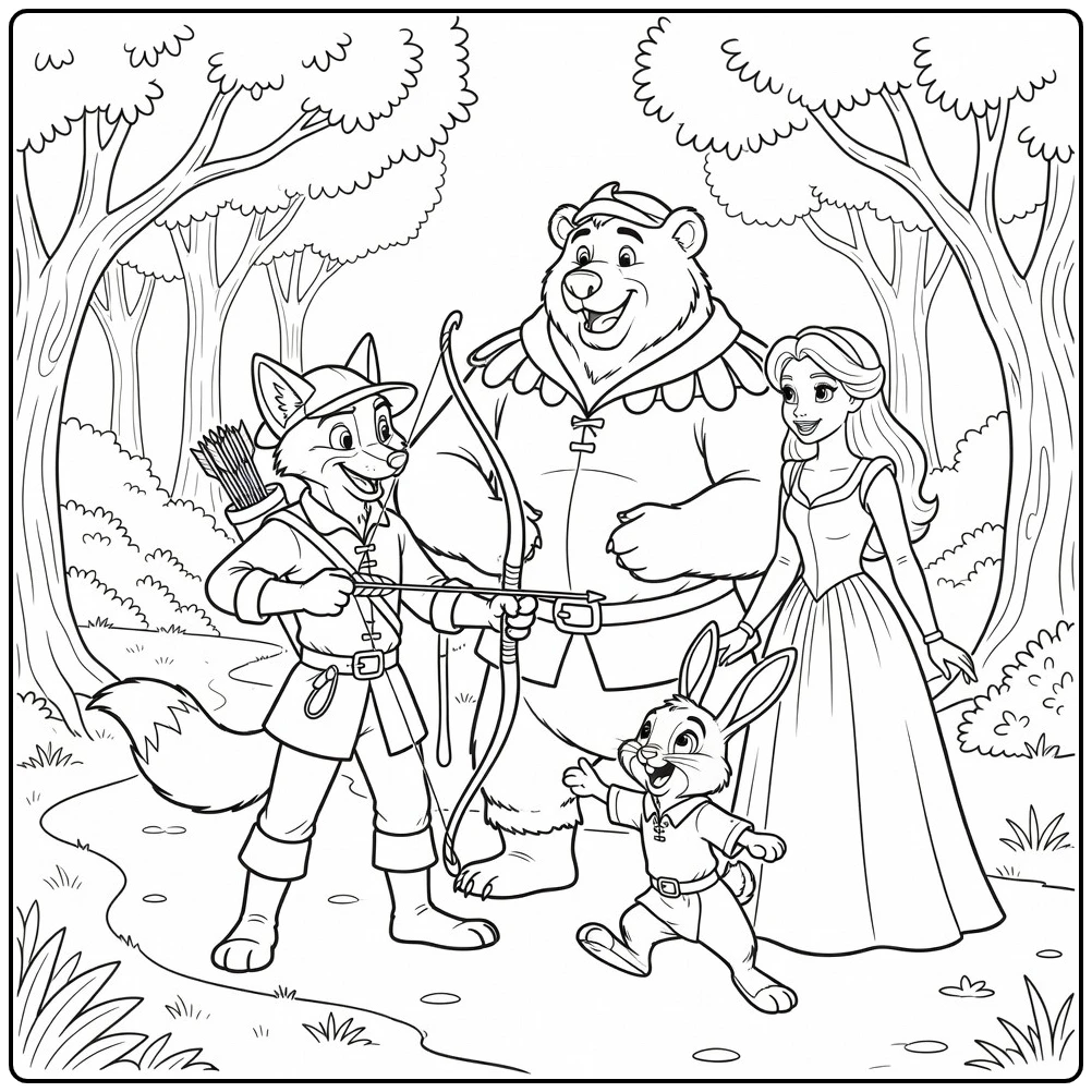 robin hood coloring page with little john and maid marian