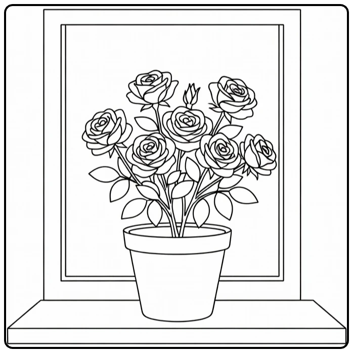 Rose coloring page showing a flowering plant in a window