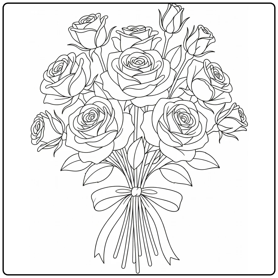 Rose coloring page showing a bouquet of blooms and buds tied with ribbon