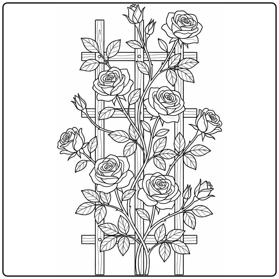 Climbing rose coloring page showing flowers growing on a wooden trellis