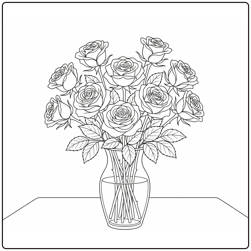 Rose coloring page featuring a vase filled with tall flowers and leaves