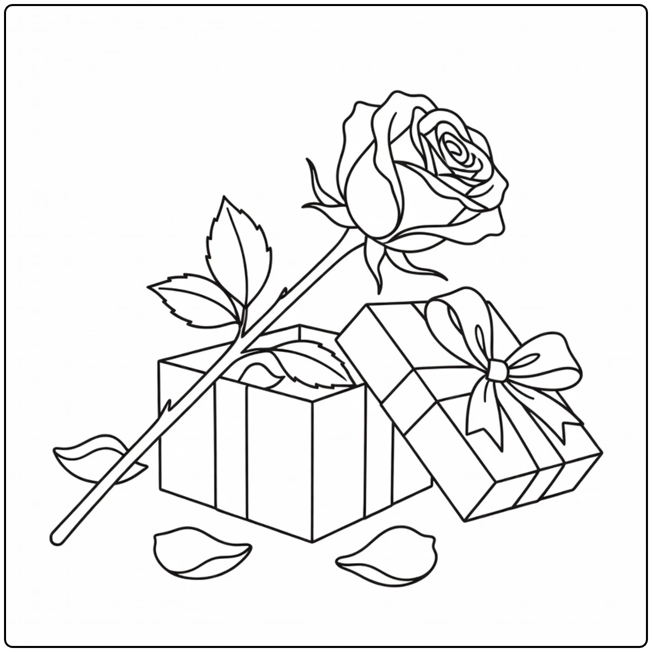 Gift-themed rose coloring page with wrapped boxes and a flower
