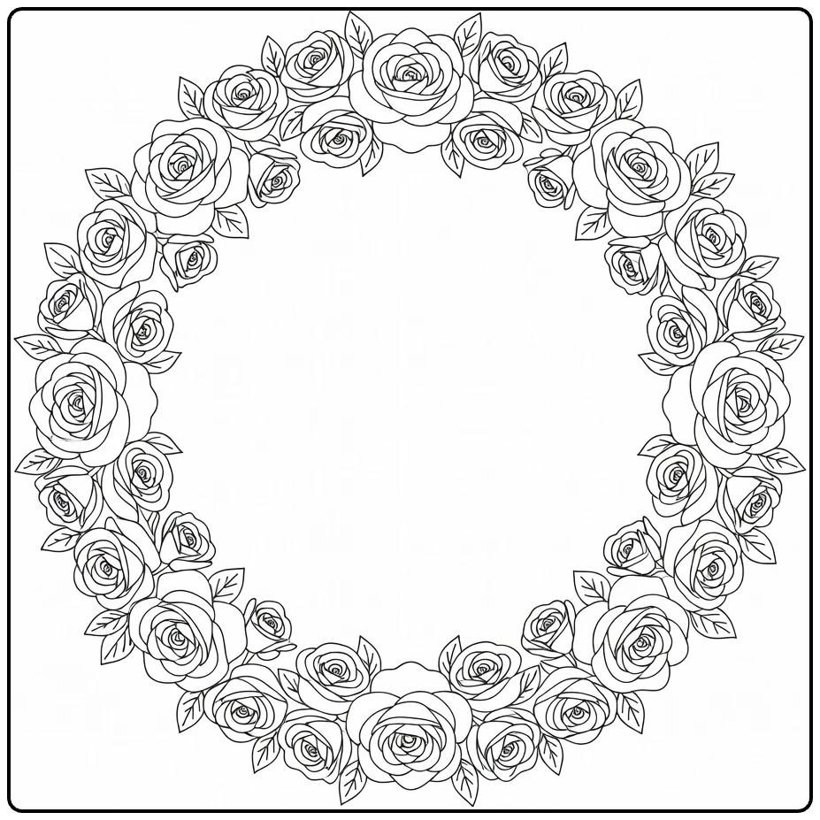 Decorative rose coloring page with a round wreath of flowers