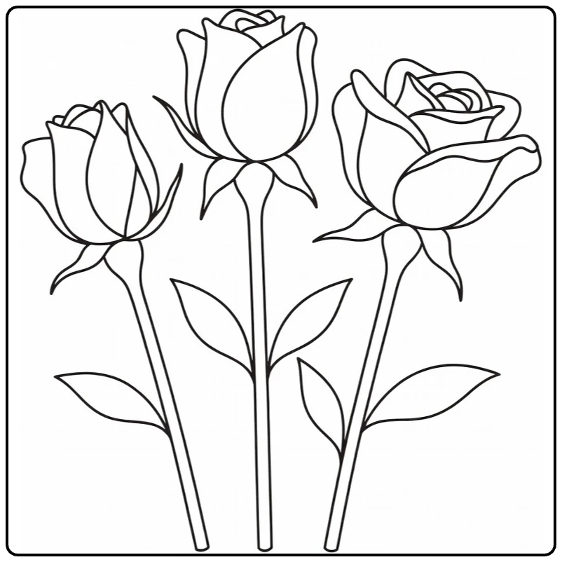 Rose coloring page with three upright buds and simple leaves