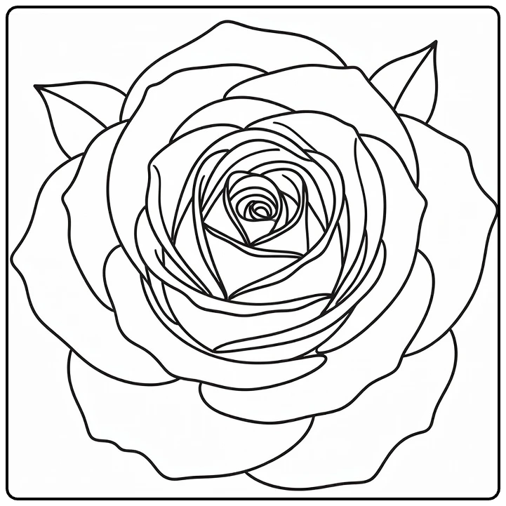 Detailed rose coloring page featuring a bloom viewed from above