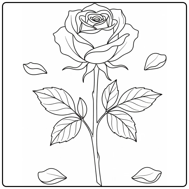 Rose coloring page featuring an elegant long stem, leaves, and loose petals