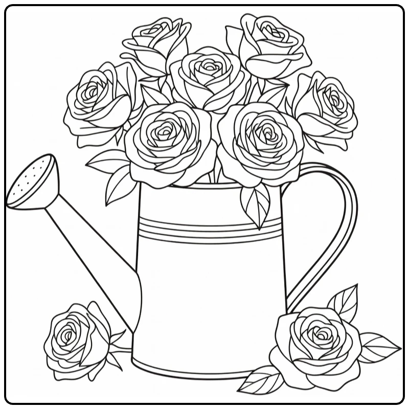 Rose coloring page featuring a watering can used as a flower vase