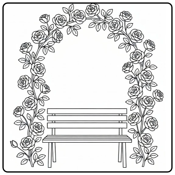 Garden rose coloring page featuring a bench beneath flowering vines
