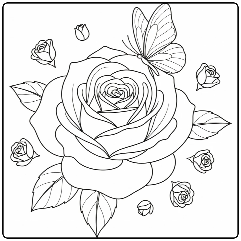 Rose coloring page showing a butterfly perched on a large bloom