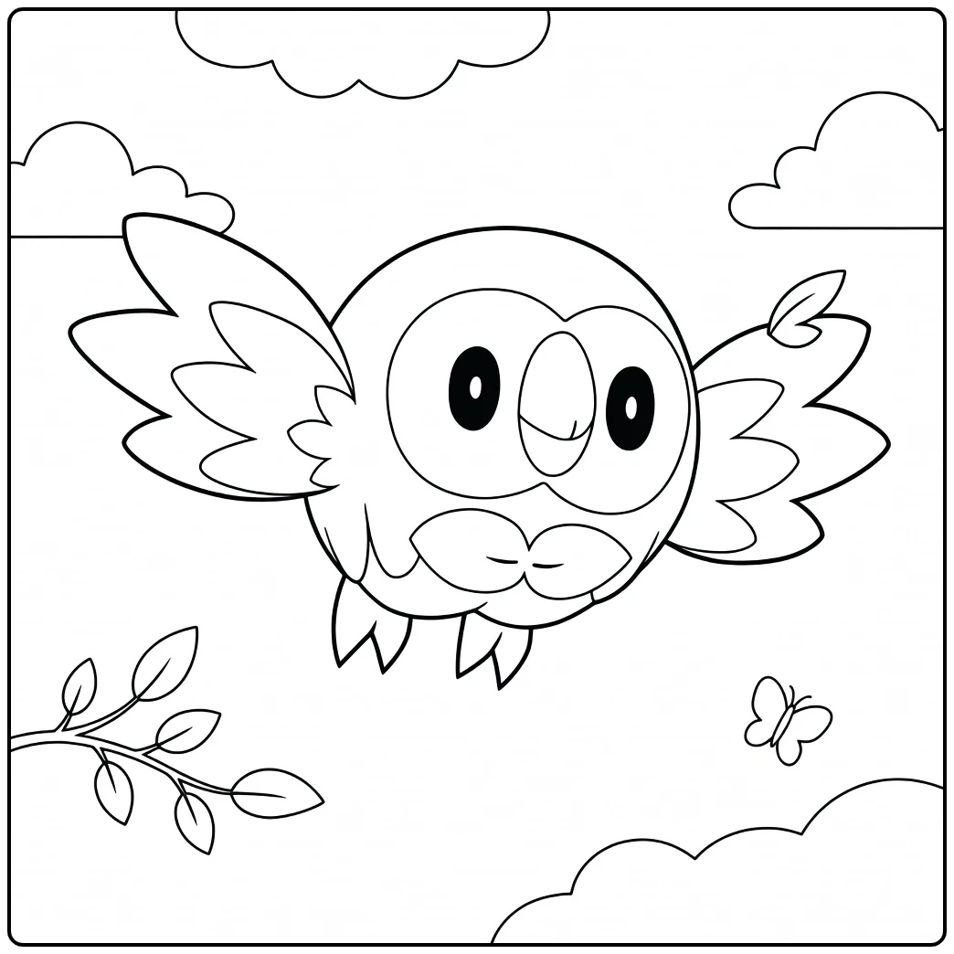 Cute Flying Rowlet in Sky coloring page
