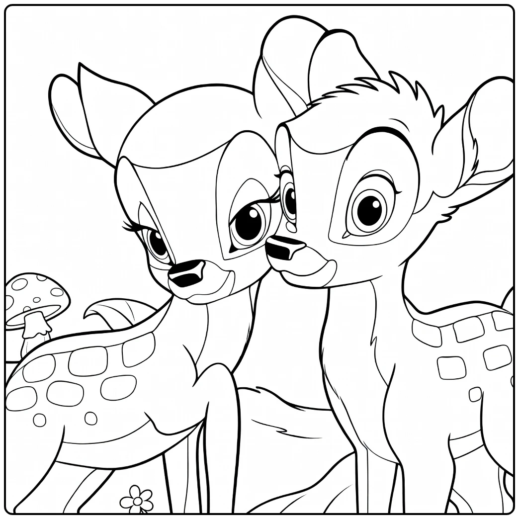 Cute Bambi Fawns Lovingly Cuddling coloring page