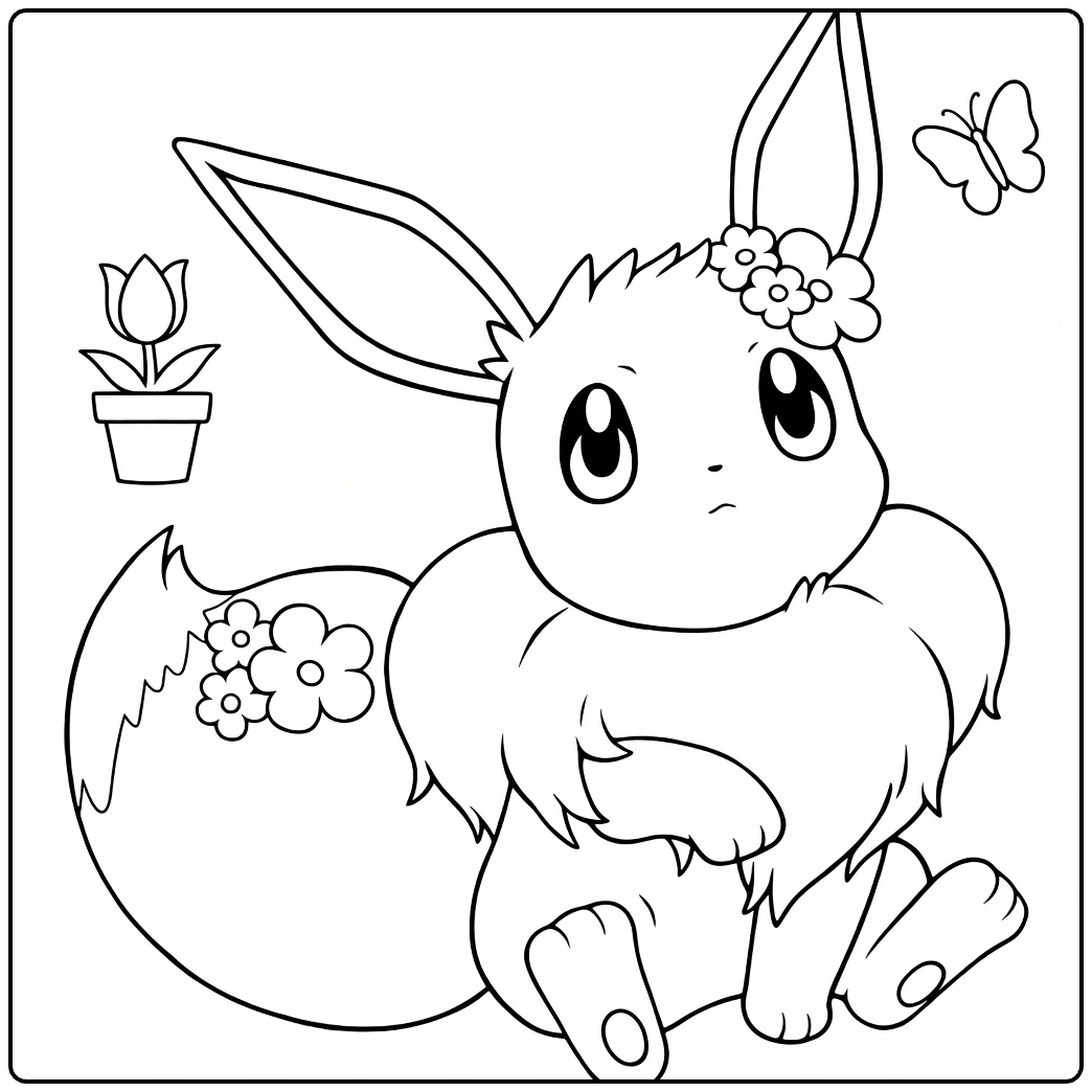 cute Eevee Flowers and Vlinder coloring page