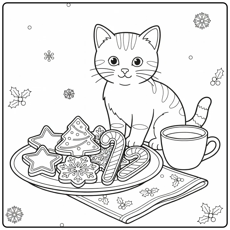 Cute Christmas Kitten with Cookie Plate and Cup coloring page