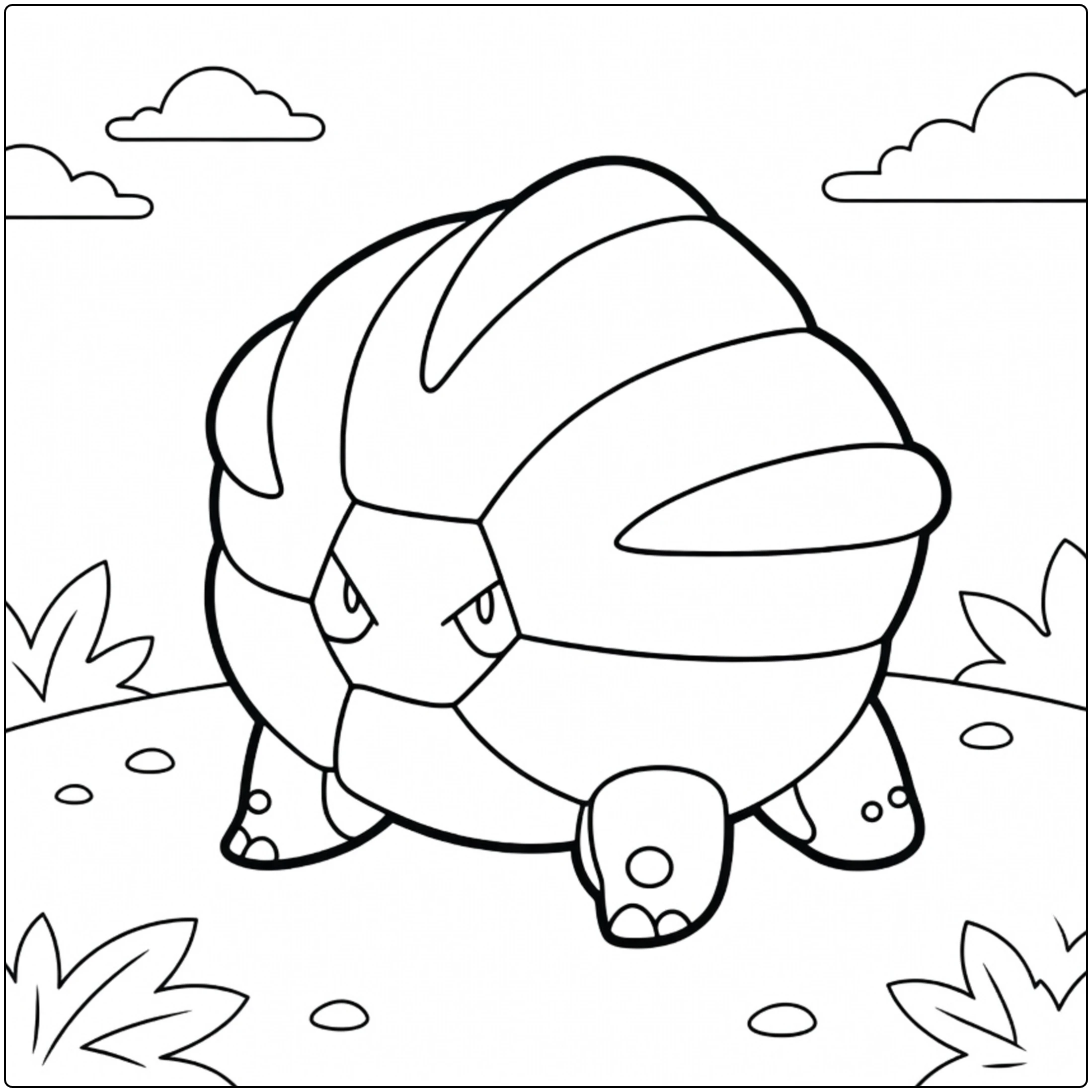 shelgon coloring page in grass with clouds background