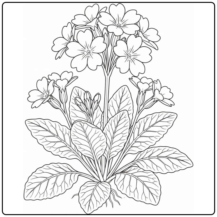 Botanical primrose coloring page featuring open flowers, buds, and leaves