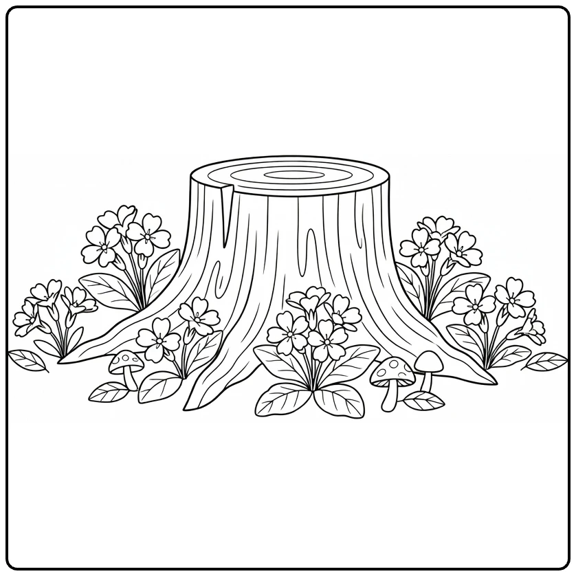 Woodland coloring page featuring primroses around a tree stump