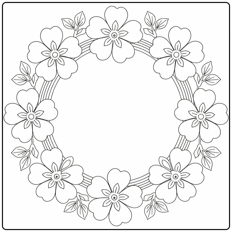 Primrose coloring page with blossoms surrounding an oval frame
