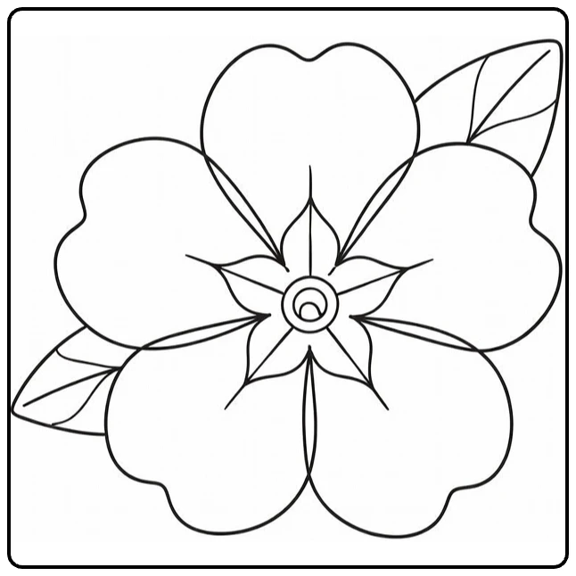 Close-up primrose coloring page with one large flower and leaves