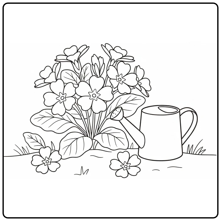Primrose coloring page showing spring flowers beside a watering can