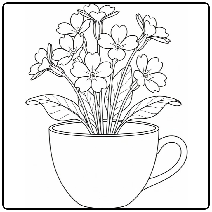 Primrose coloring page featuring spring flowers arranged in a tea cup