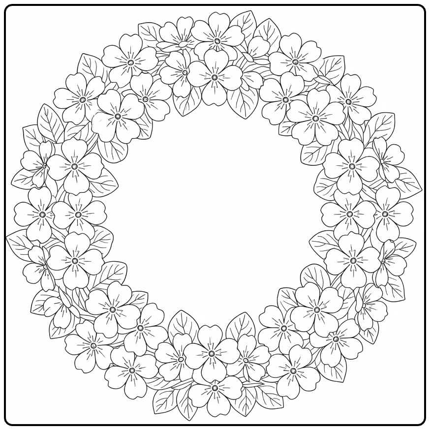 Decorative primrose coloring page with a round floral wreath