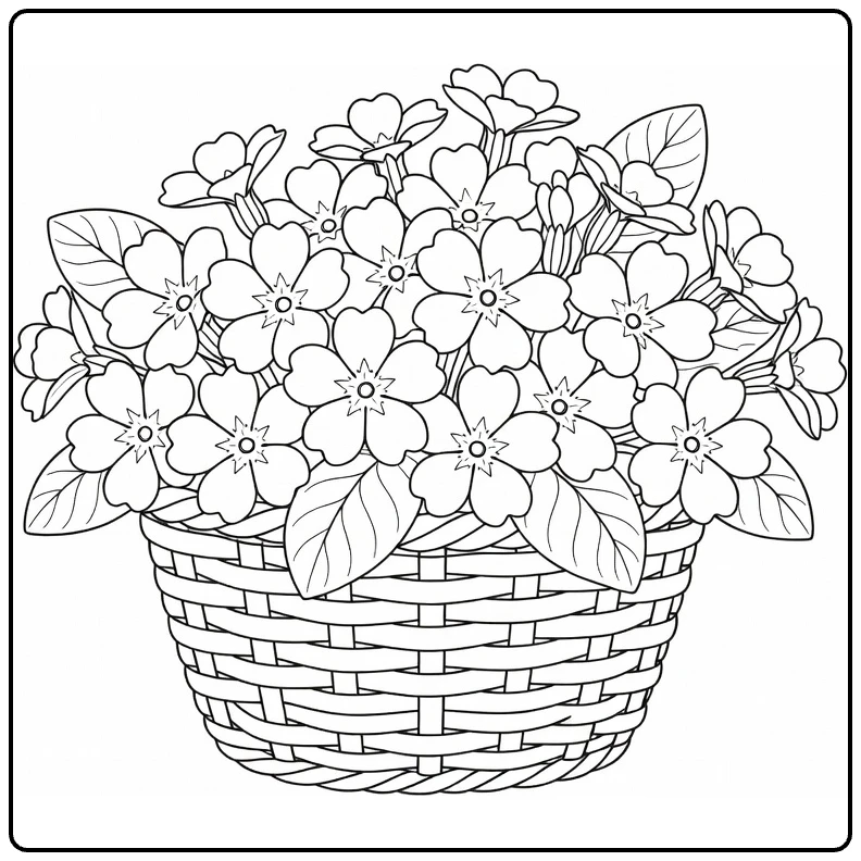 Primrose coloring page featuring a basket filled with blossoms