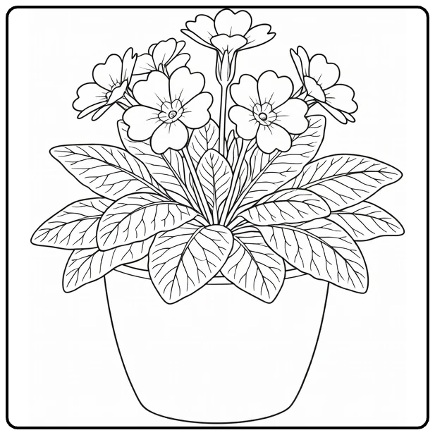 Potted primrose coloring page showing flowers above a leafy rosette
